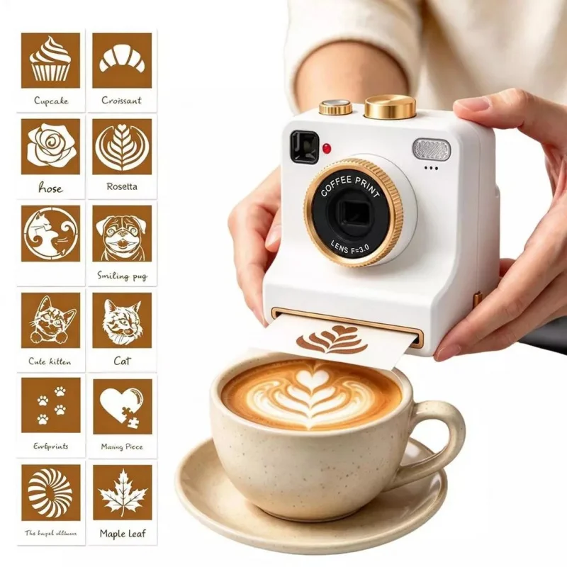 3D Printed Latte Art Camera,with Multiple Stencil Card,Mechanical Maker Barista for Cappuccino,Desserts,Home Cafe