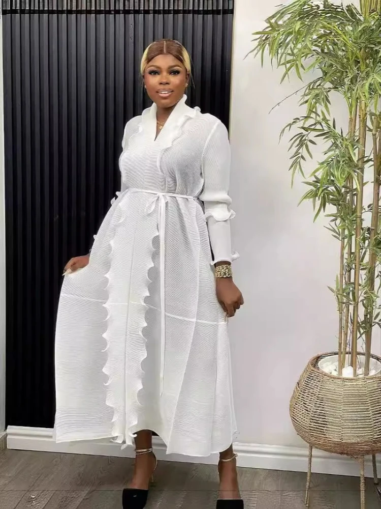 

ANLAN Новое плиссированное платье Miyaki, кардиган, однотонное платье с лацканами и длинным рукавом, большой размер, пояс для похудения, женские элегантные платья 3AN4719