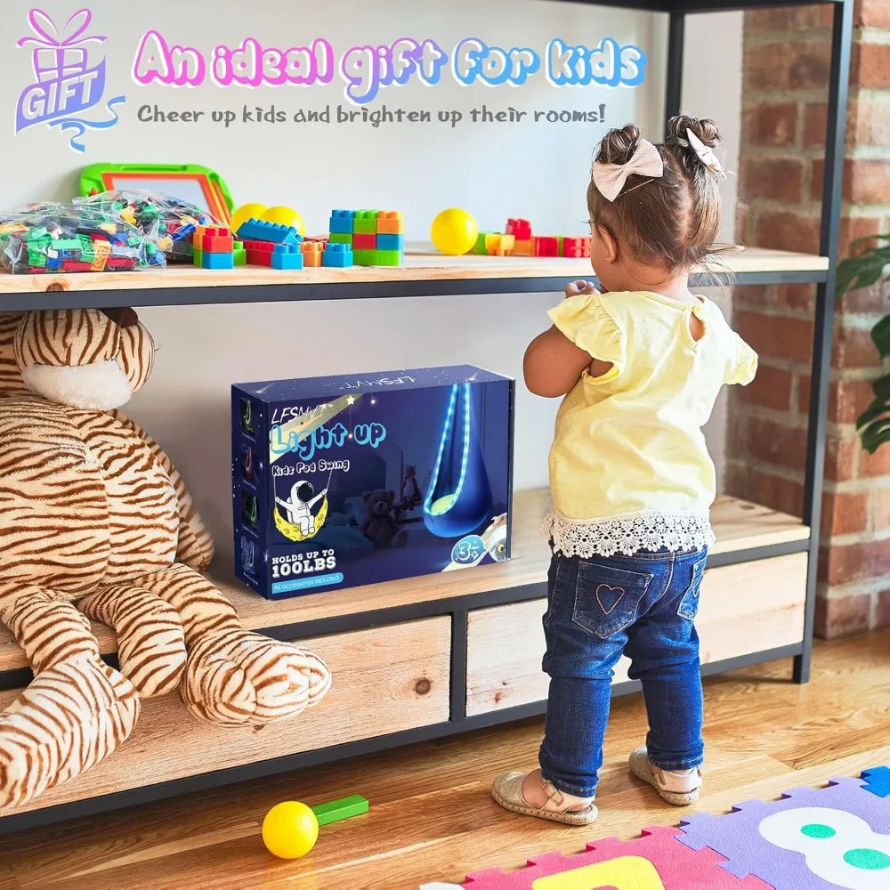 Asiento de columpio ligero para niños, hamaca colgante con luces LED, silla de columpio sensorial con almohada inflable