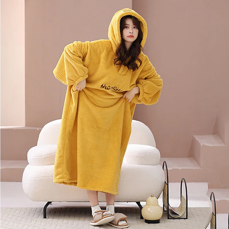 Autumn and Winter New Long Section Warm Hooded Robe Home Wear Shu Cotton Velvet Lazy Bathrobe Large Size Pajamas Home Wear