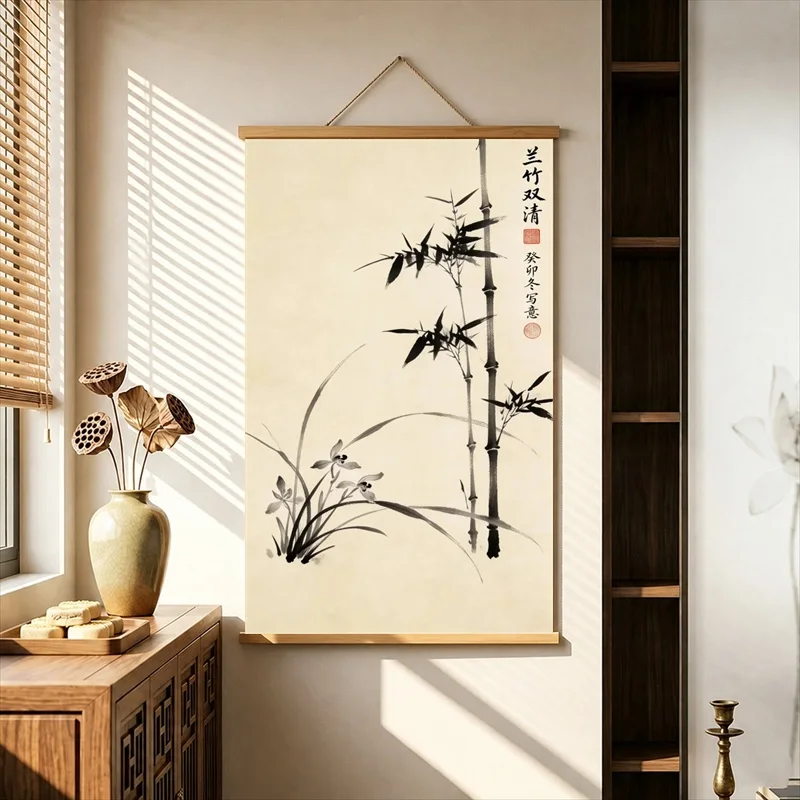 Wall Decor Ink Bamboo and Orchids on Antique Paper, Chinese Ink Botanical Pearlescent Canvas Wall Hanging Scroll for Tea House