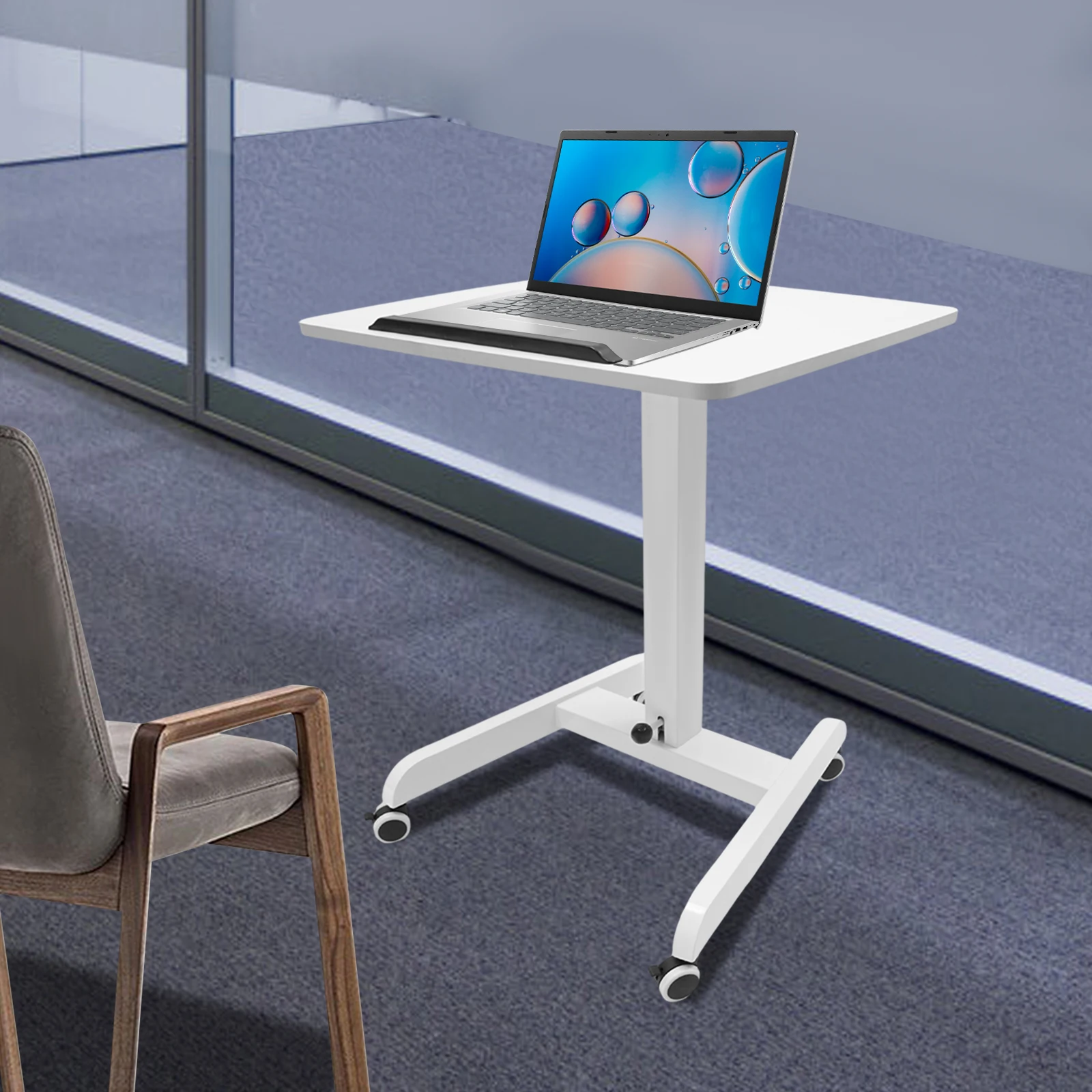 Mobile Standing Desk Adjustable Height Pneumatic Sit Stand Workstation Laptop Table Cart on Wheels Tilt Top Portable Computer Desk for Office Home Study