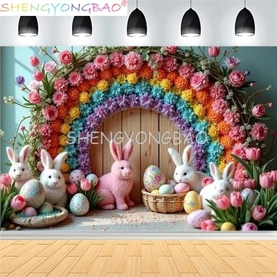 

Easter Party Decoration Spring Garden Children's Photography Props Rabbit Colorful Eggs Newborn Portrait Shoot Background FH-17