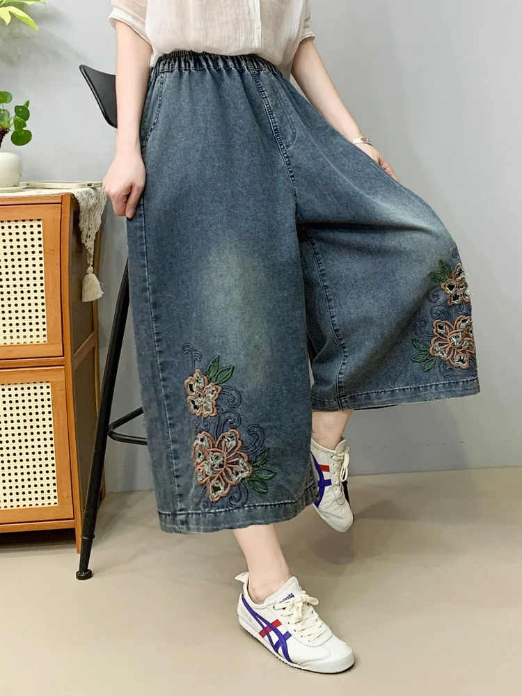 2025 zomer dunne retro geborduurde rechte jeans dames elastische taille casual grote versie achtpunts wijde pijpen broek