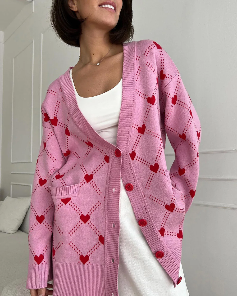 Suninbox donna Pink Hearts Print Cardigan Oversize autunno Button Vintage Warm Cardigan Casual Office Lady giacca lavorata a maglia con scollo a v