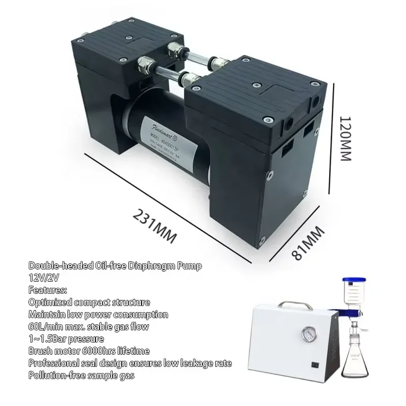 60LPM -85KPa Oilless Micro Diaphragm Vacuum Pump 24V DC Brush Motor Aluminum Alloy Medical Disinfection Cleaning Machining