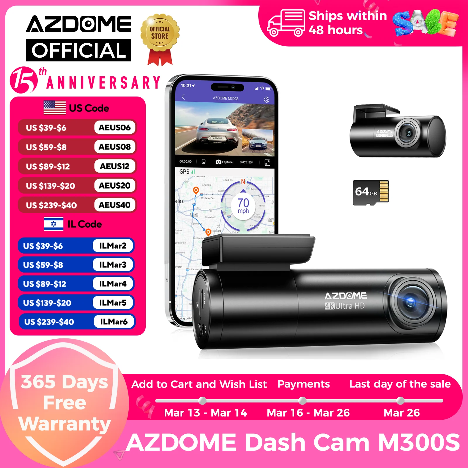 AZDOME M300S 4K Dash Cam Front and Rear, 5.8G WiFi GPS Dash Camera for Cars, Free 64GB SD Card, Voice Control, WDR Night Vision