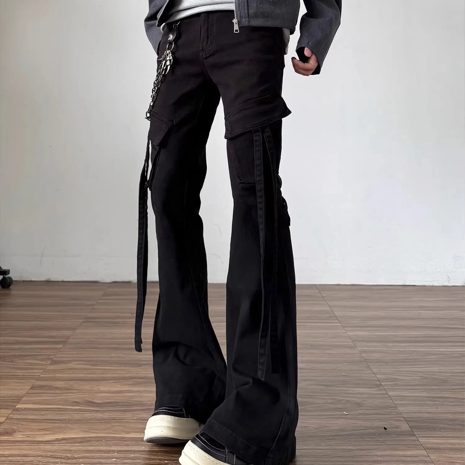 

Мужские джинсы Cleanfit Retro Sash Design, зауженные, расклешенные, черные, рабочая одежда, деним, средняя посадка, на молнии, молодежный тренд, полиэстер