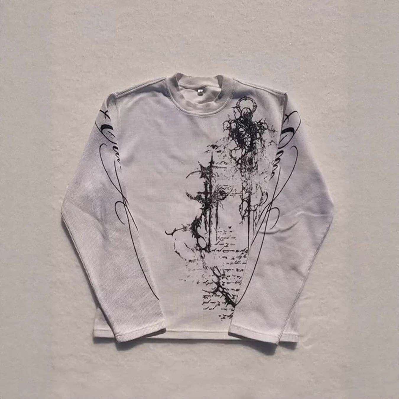 Autumn and Winter Retro Gothic Dark Style Y2K Long Sleeved Printed Waffle High Street Casual Pullover T-Shirt view 5