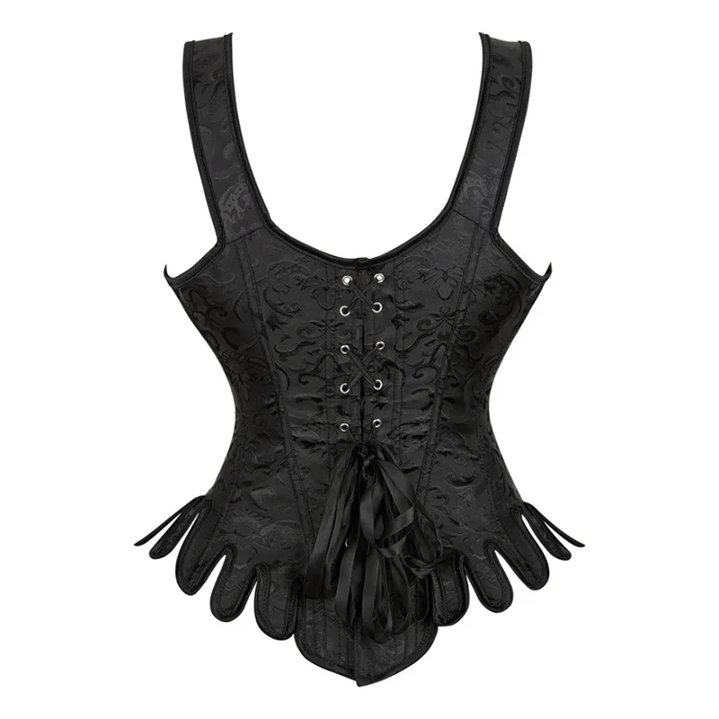 Women Corset Top with Shoulder Strap Gothic Black Blue Lace Up Overbust Embroidery Bustier Vest Renissance Costume