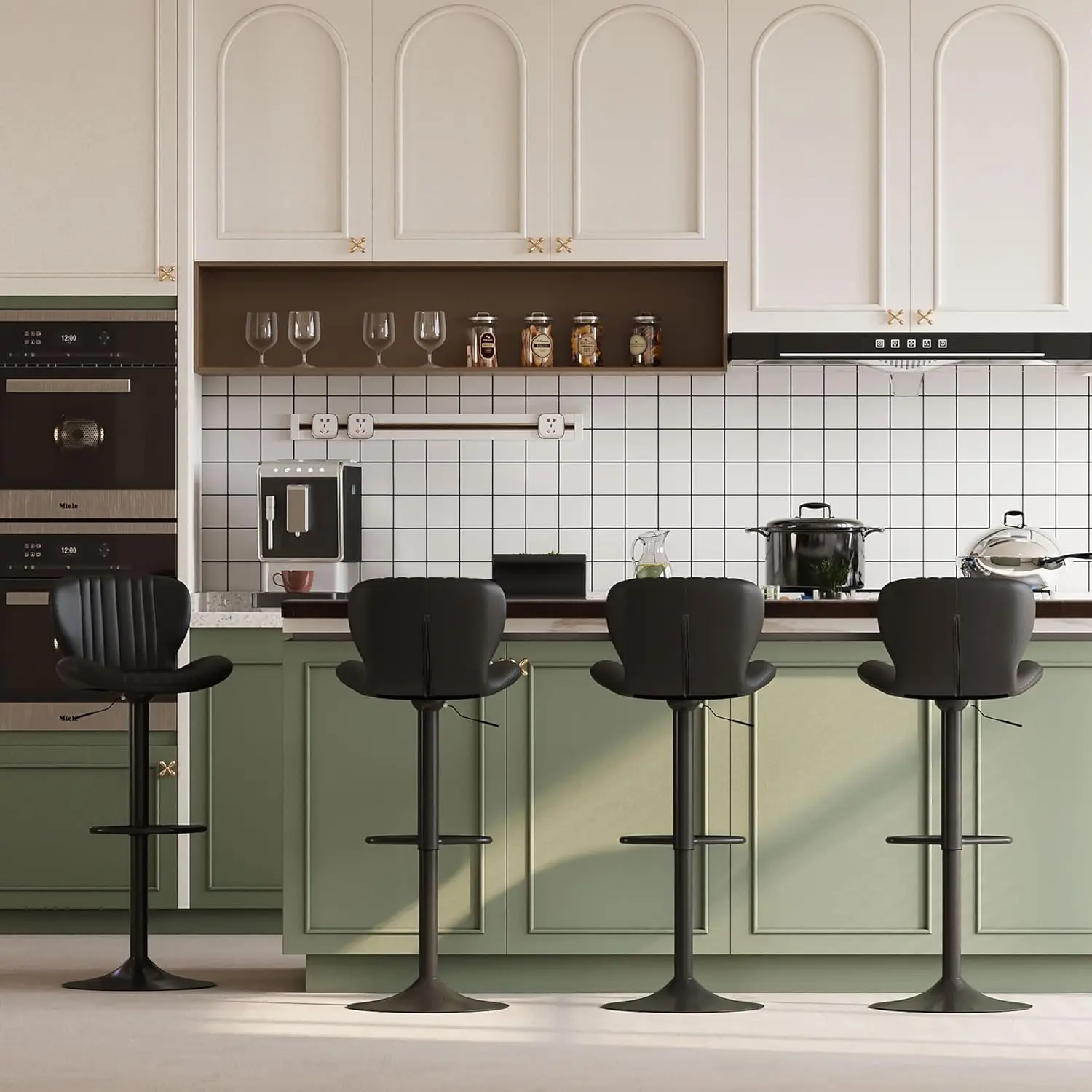 가죽 바 스툴 4개 세트, 조절 가능한 카운터 높이, 주방용 모던 블랙 아일랜드 의자