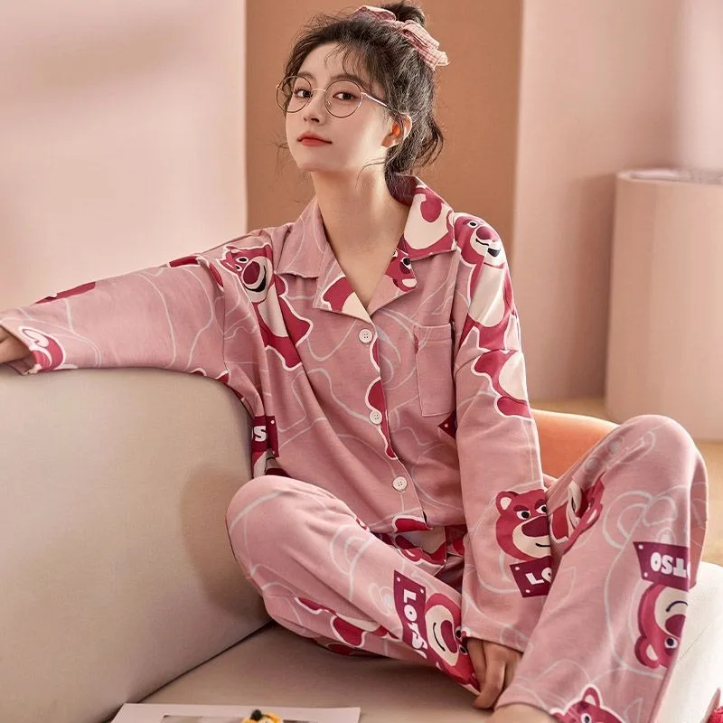 Disney Toy Story Lotso Pajamas for Women Spring and Autumn Sweet and Cute Long Sleeve Pants Suit Home Clothing Gift Wholesale