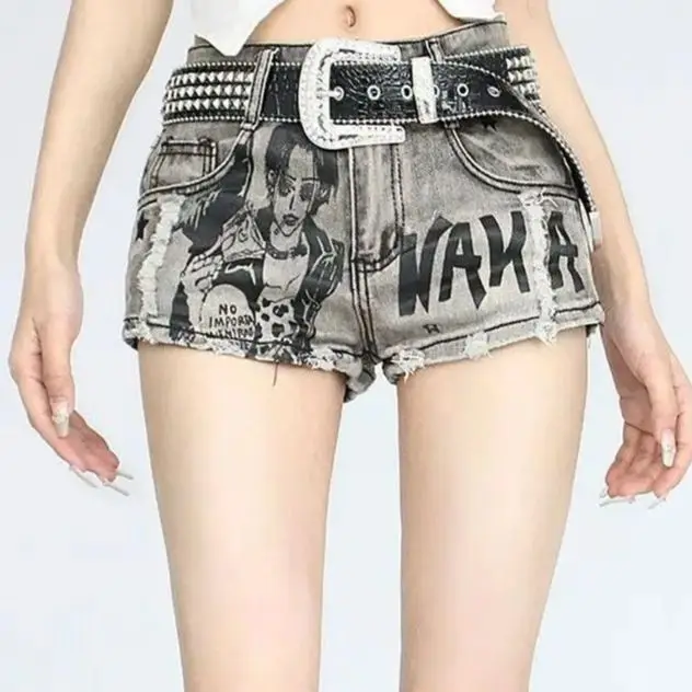 

Denim Short Shorts High Quality Hole Printed High Street American Spice Girl Women Streetwear Harajuku Casual Y2k Pants 2024 New