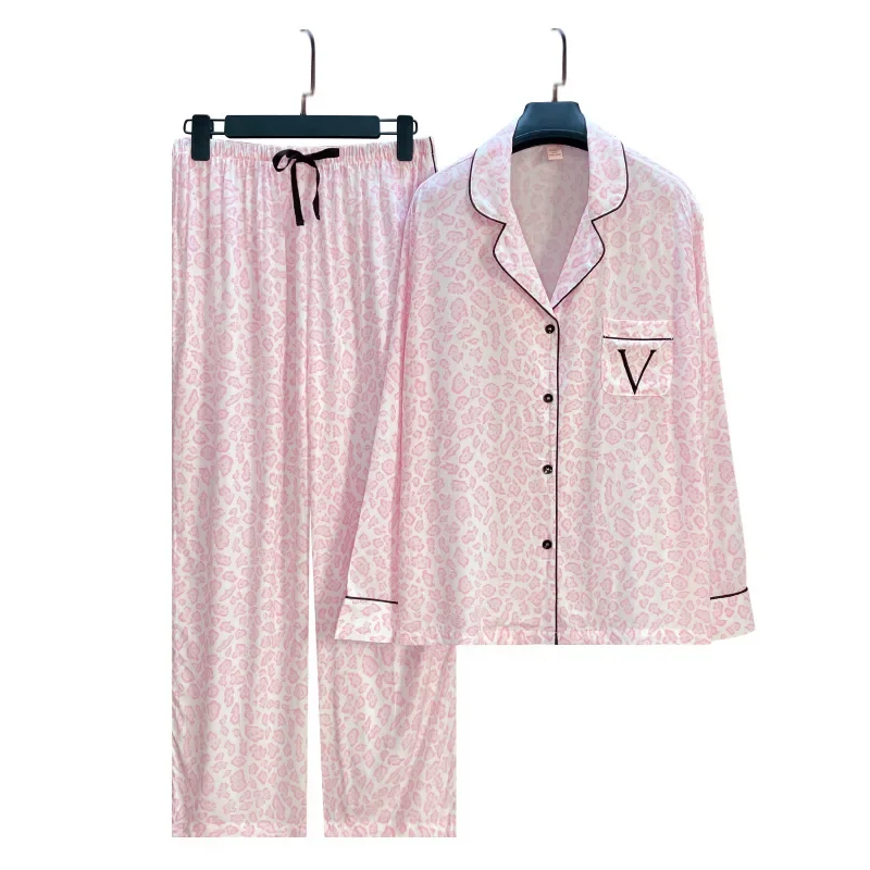 High Quality Sleepwear VS Pink Silk Satin Pajamas for Women\'s Spring Autumn Long Sleeved Home Wear 2-piece Set Nightwear