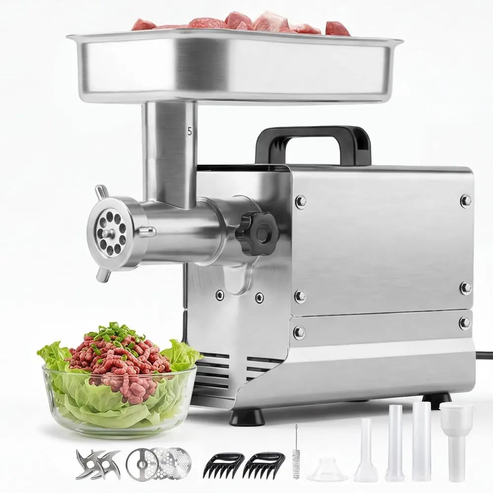 

Commercial Meat Grinder, 5 Lbs/Min acity, #5 Electric Meat Mincer with 3 Plates, 3 Sausage Stuing Tubes, 350W/0.5HP StainlSteel