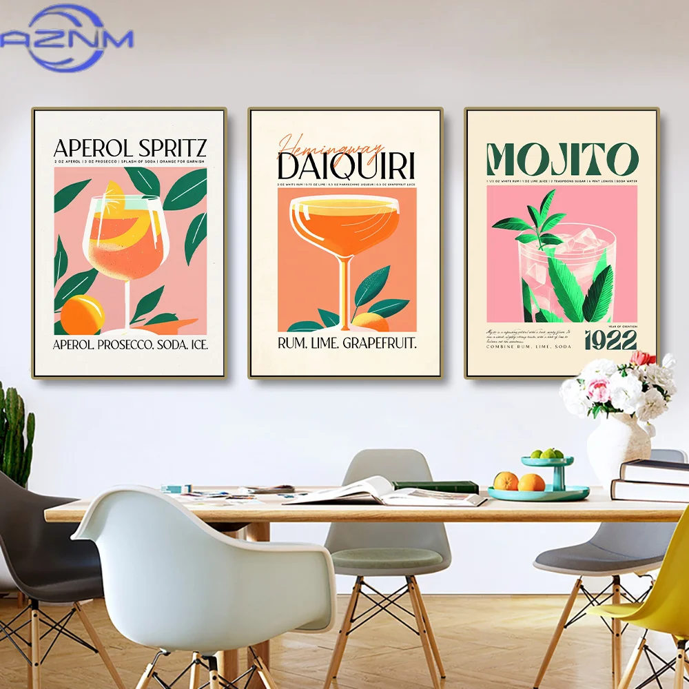 AZNM Cartoon Cocktail Drinks Negroni Daiquiri Posters Retro Mojito Canvas Prints Wall Art Painting Pictures Bar Kitchen Home Dec
