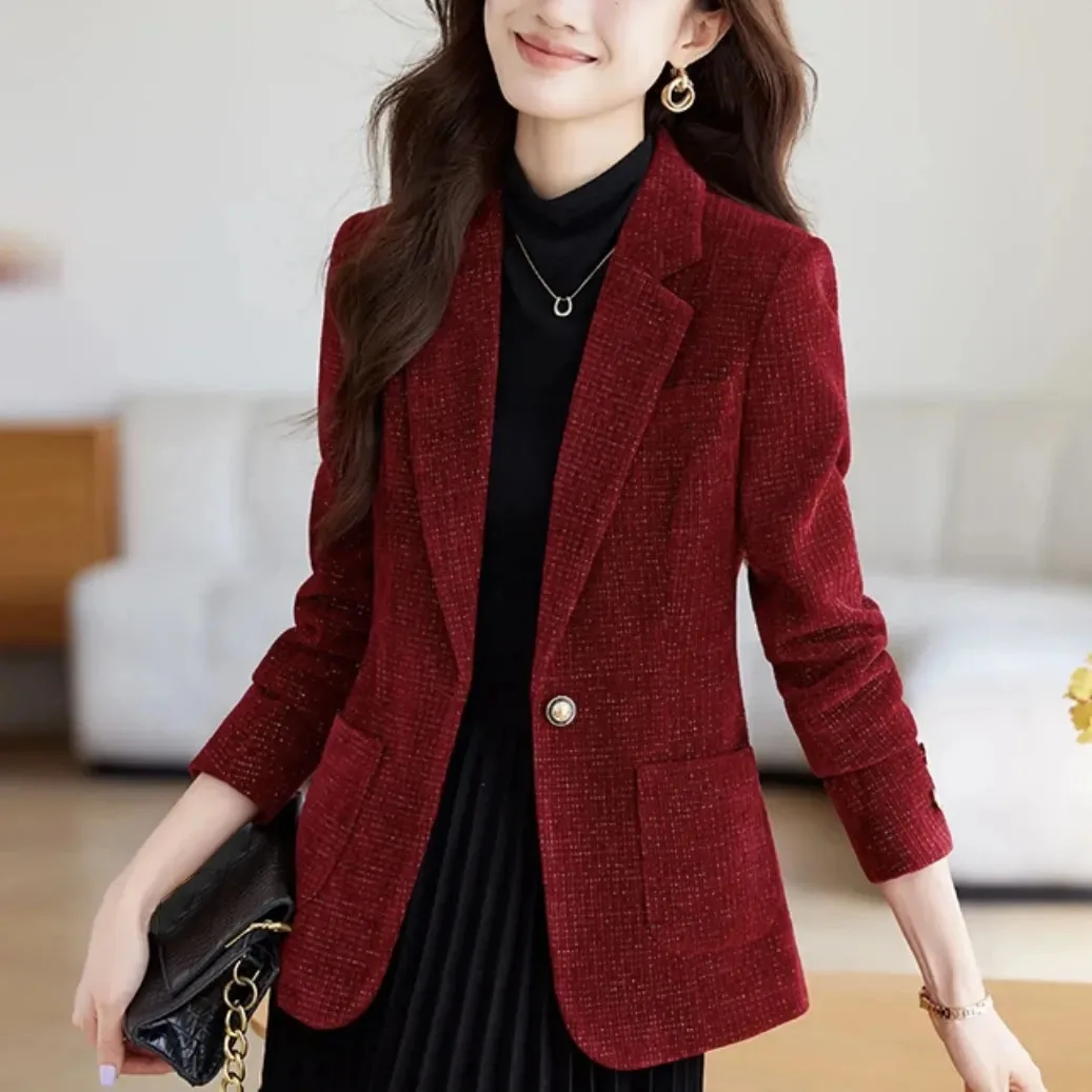 Primavera otoño nuevo Blazer mujer Color sólido moda Slim Oficina Blazer corto elegante un solo botón Seda brillante Mujer Blazer abrigo