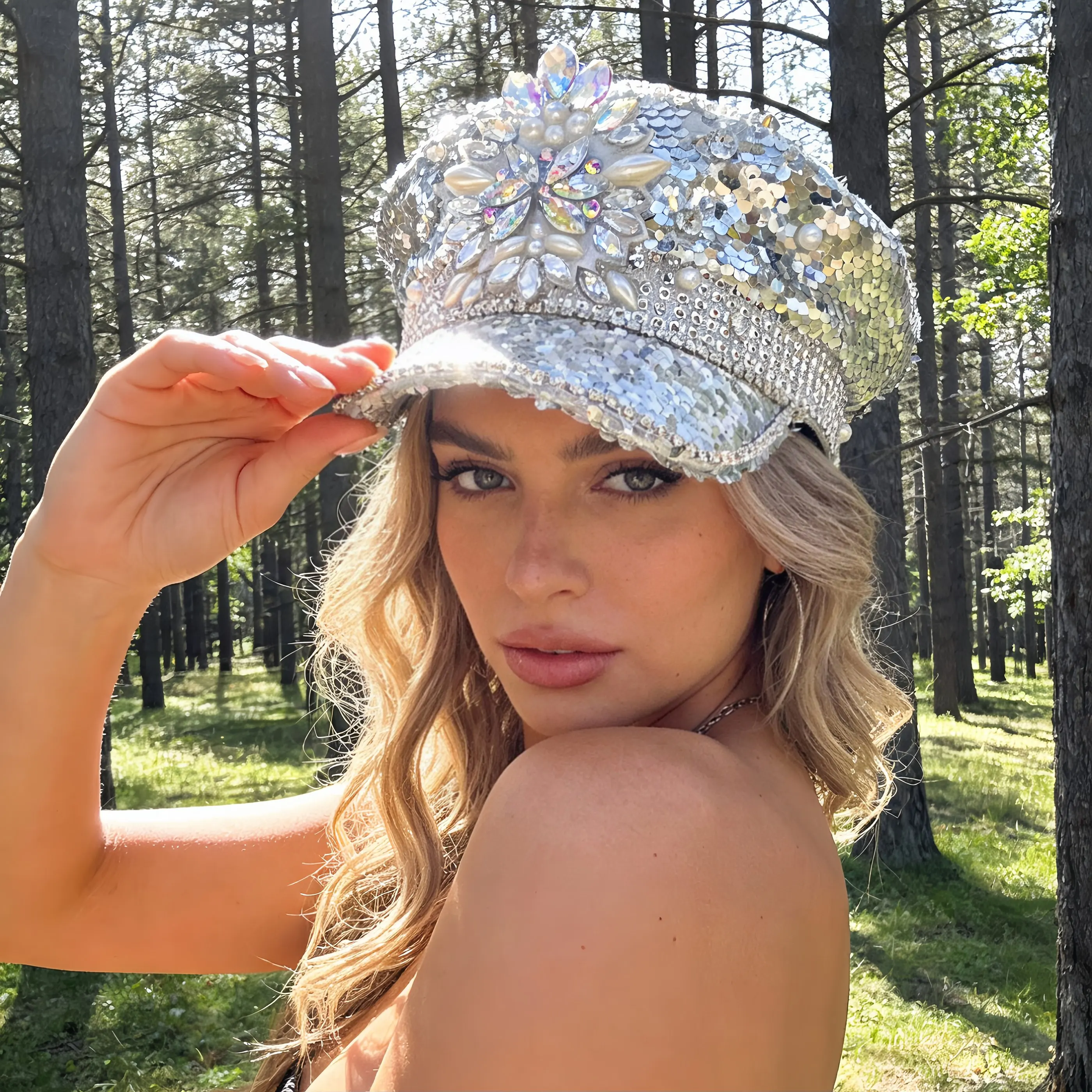 HongLuan Shiny Silvery Captain Hat Rhinestone Letters Woman, Wedding Sailor Caps Women, Military Accessories & Military Cap Man