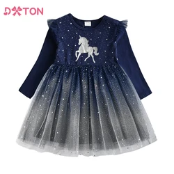 DXTON Princess Dress For Girls Unicorn Cartoon Toddler Casual Costumes BlingBling Tulle Children Birthday Party Dress Clothing