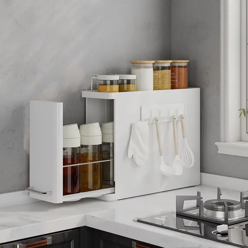 Free Standing 2-Tier Metal Pull Out Seasoning Organizer Storage Cabinet for Home Kitchen Countertop Spice Racks