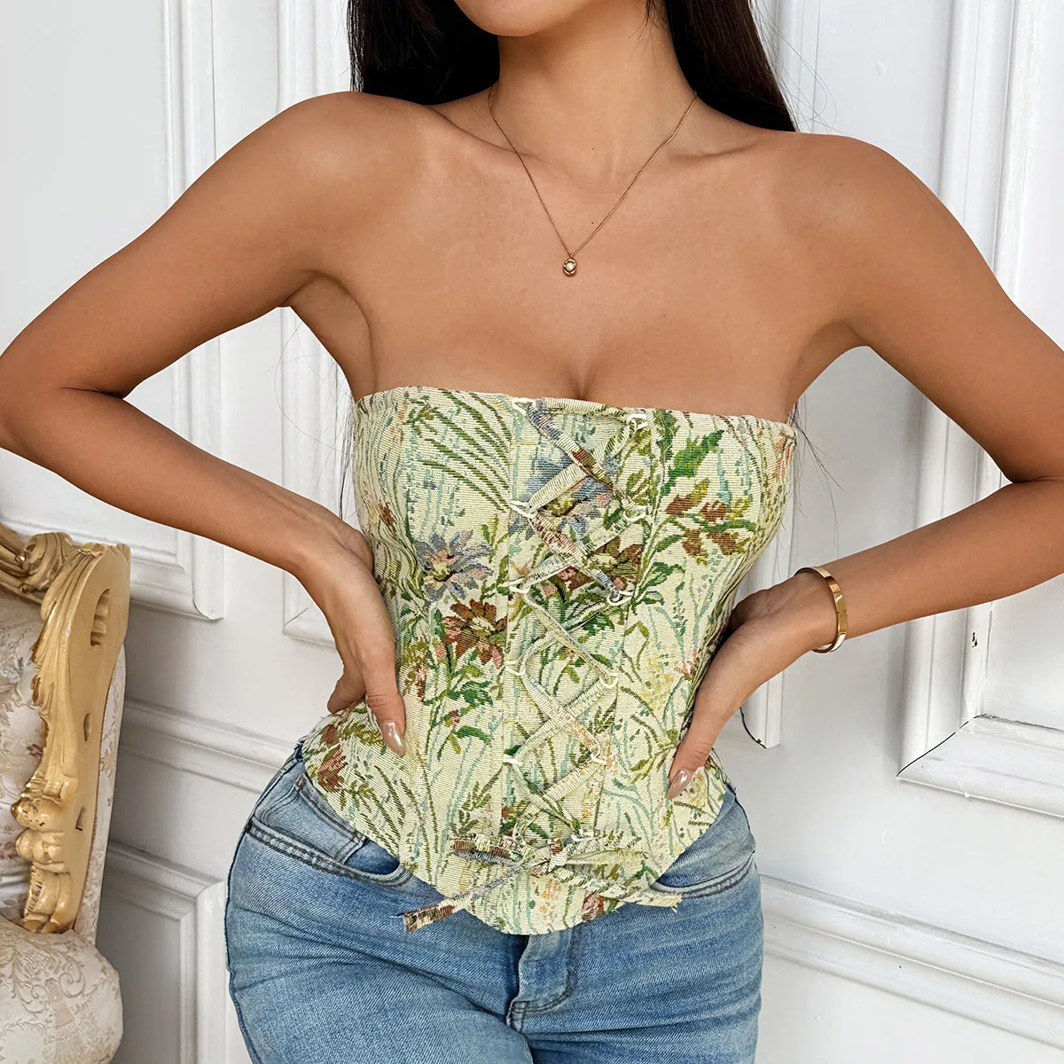 

New Style Jacquard Corset Hollow Out Tube Tops French Vintage Bustier Women Sexy Lace-up Shaper Tank Top Slim Vest Summer Camis