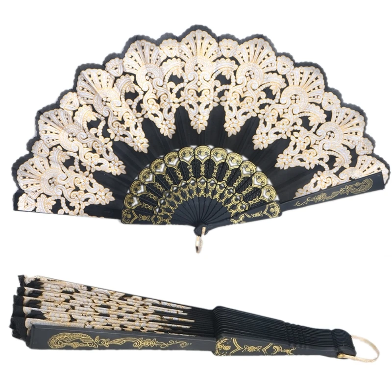 67JE Black Spanish Style Dance Party Wedding Lace Silk Folding Hand Held Flower Fan