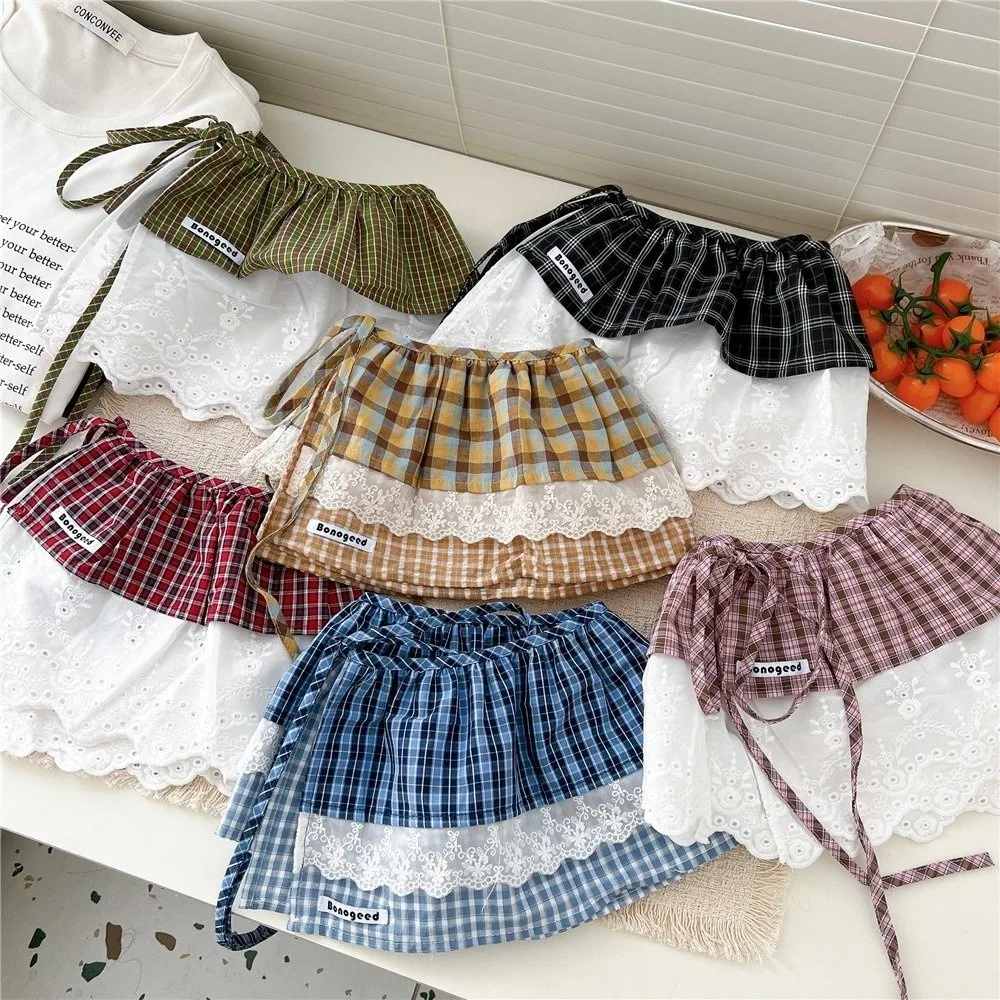 Retro Balletcore Plaid Fart Curtain Lace Up Stacked Lace Mini Skirts High Waist Pastoral Style Ruffle Short Skirts Streetwear