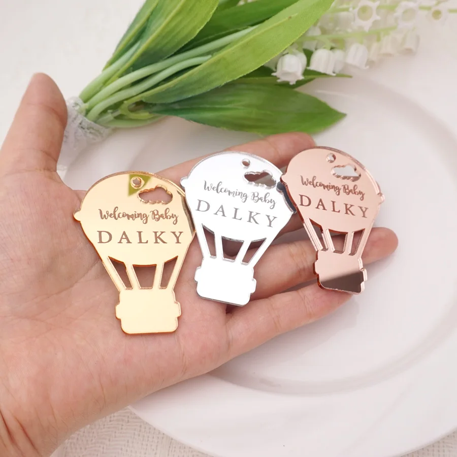 

2 Styles Custom Hot Air Balloon Tags For Birthday Decor Carve Name / Date Acrylic Cards Baptism Party Gifts Wrap 6*4.5cm
