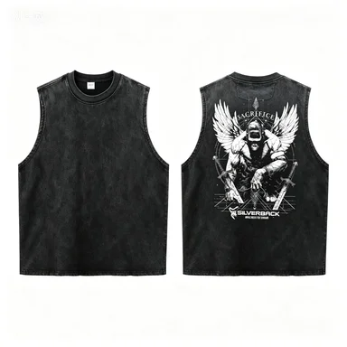 Washed Black Sleeveless Gym Tank Top, Retro Silverback Gorilla Print, Fitness Streetwear Vest, 100% Cotton Oversized Fit
