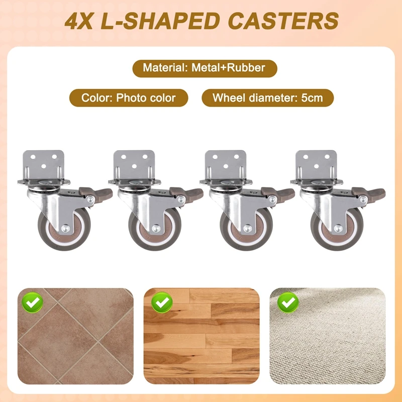 Side Mount Casters, 2 Inch Furniture Wheels, Lshaped Rubber Casters Set Of 4, 360-Degree Locking Swivel Top 4Pack