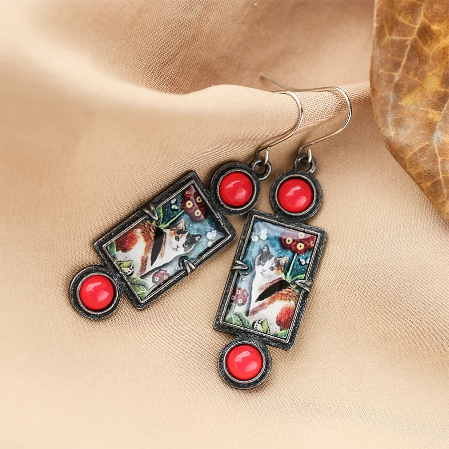 A Pair of Cute and Delicate Square Cat Earrings Inlaid with Stone Alloy Silver-Plated Elegant Lady Couple Engagement Party