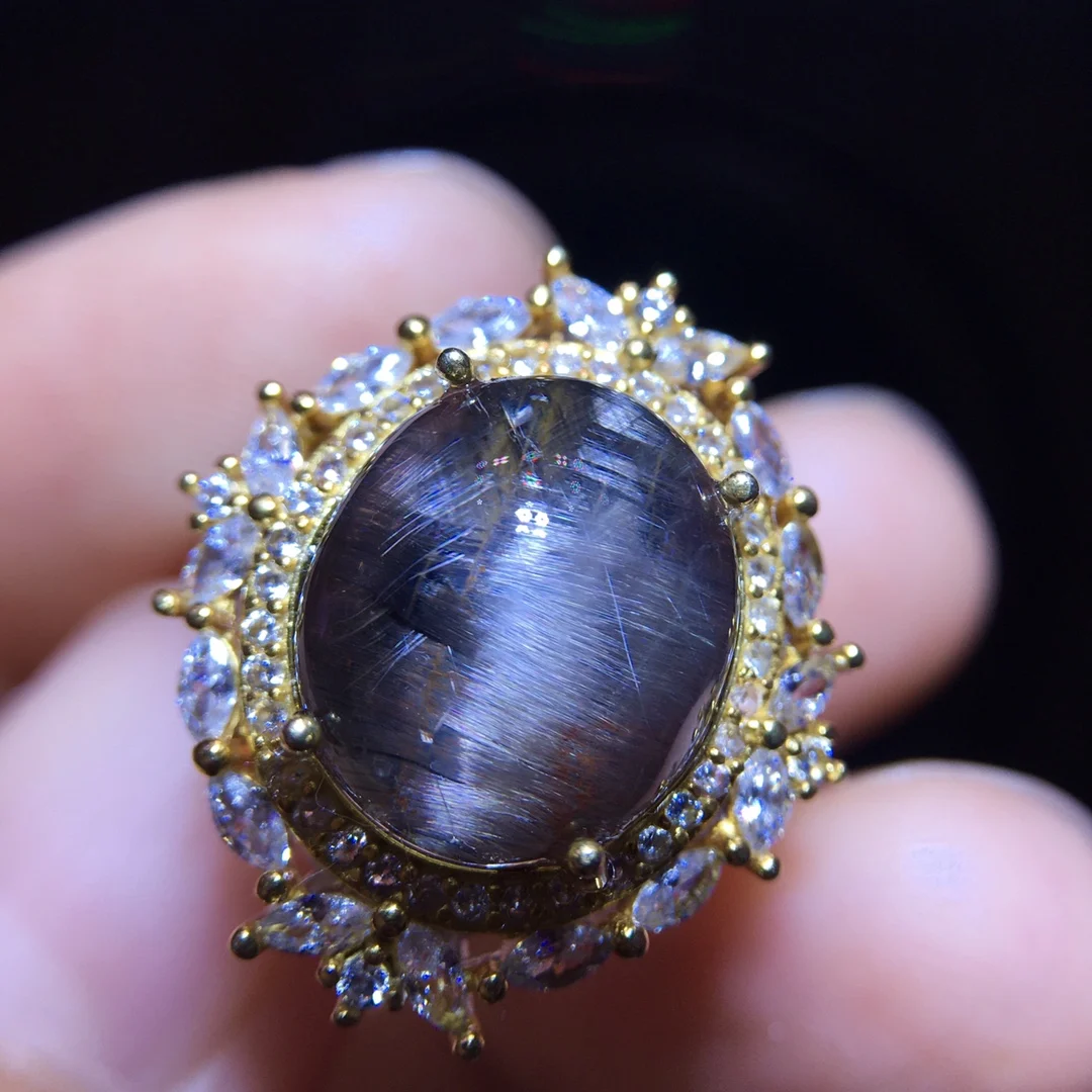 

Natural Brookite Platinum Rutilated Quartz Ring 12.3/10.6mm 925 Sterling Silver Woman Men Water Drop Lucky AAAAA