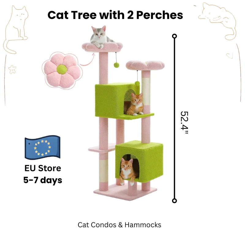 Albero per gatti con cactus cm - Simpatico fiore per gatti da interni con 2 posatoi, 2 condotti, tiragraffi in sisal e padelle sostituibili, ideale non