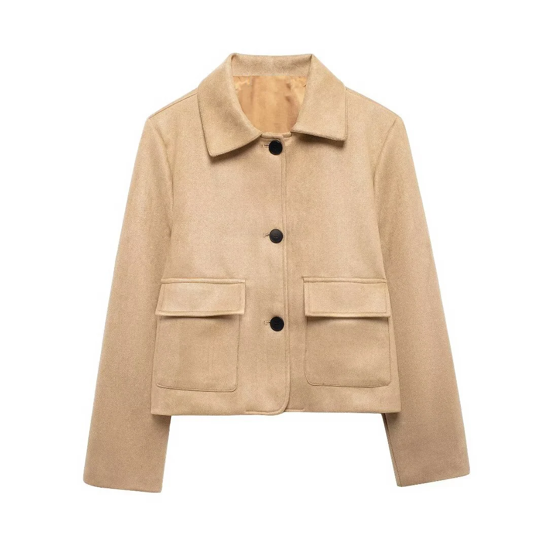 Tangada 2024 Women Suede Crop Jacket Long Sleeve Female Coat Outwear BE0264