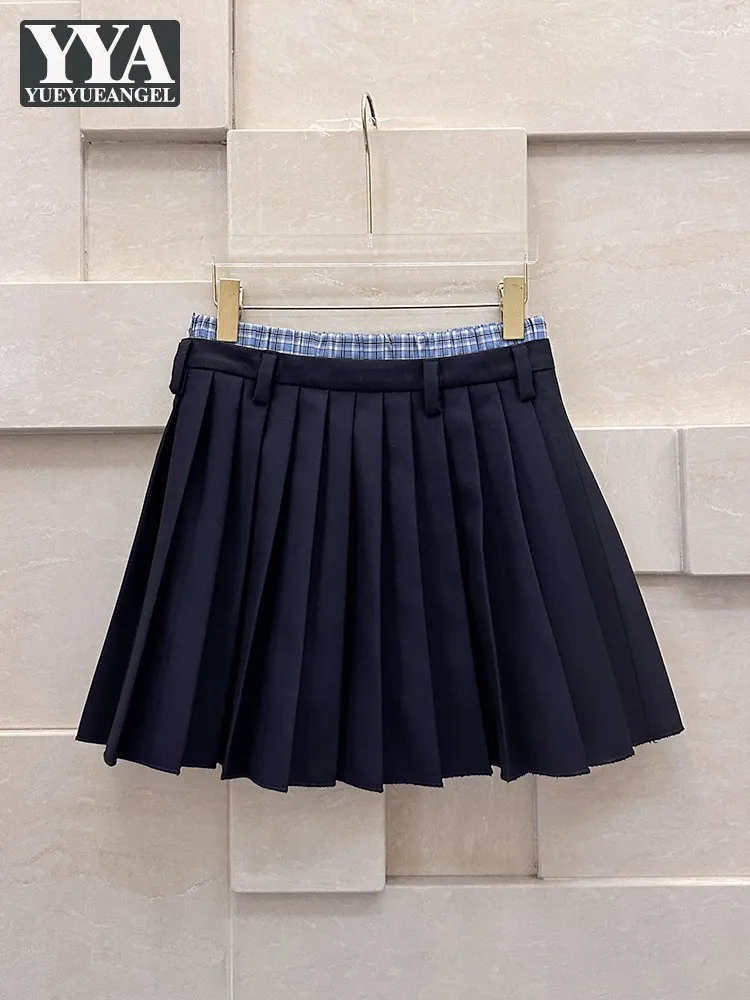 

Chic Womens Summer New College Style Spliced Double Waisted Pleated Skirt Above Knee Mini Fashion Straight-Leg Fold Short Skirts