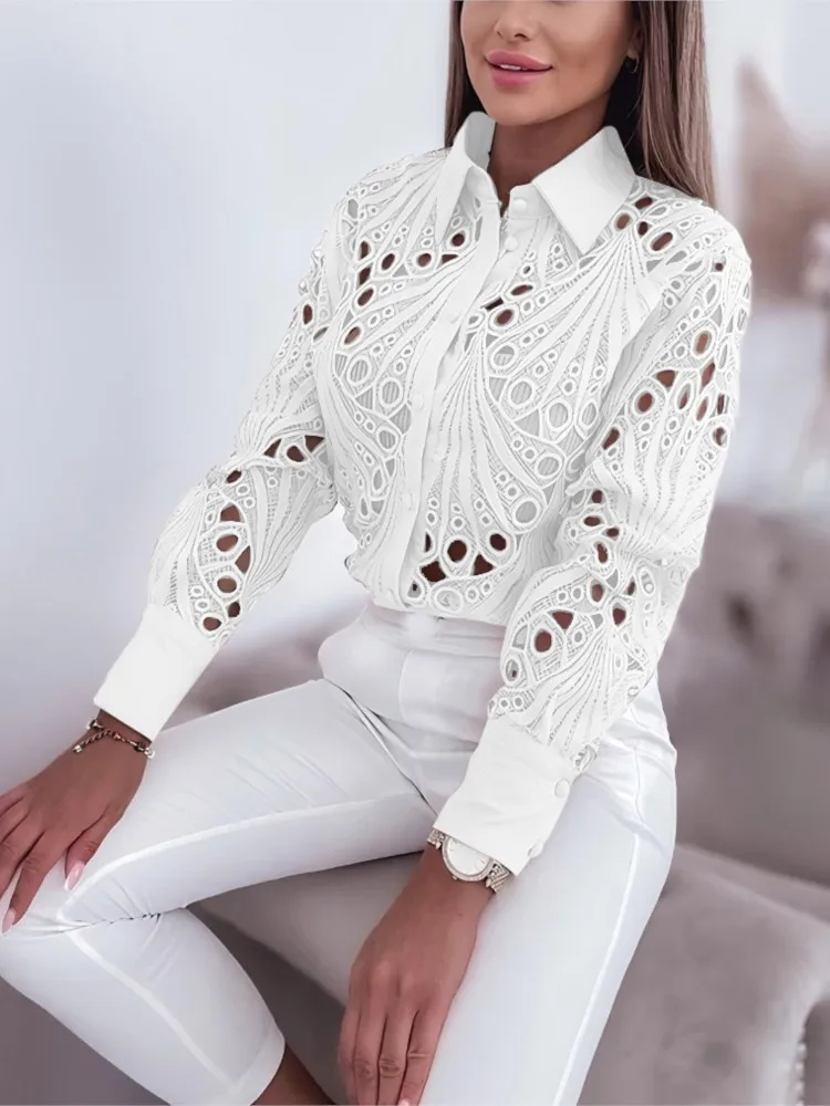 Fashion New Lace Hollow Long Sleeve Shirt Tops For Women Spring Autumn Lapel Elegant Office Lady Blouse Top Casual Button Shirts