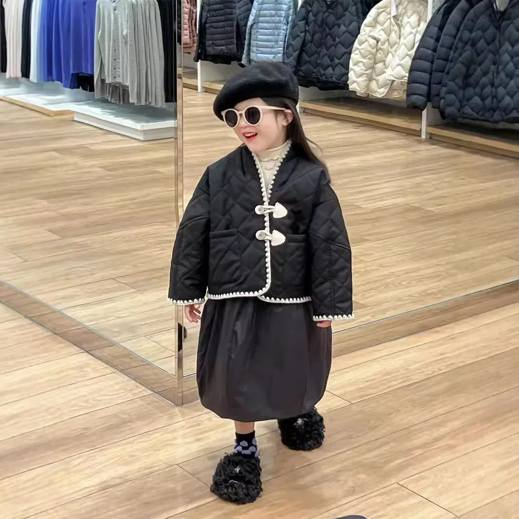 2025 Winter Children's Clothing Girls Slanted Placket Retro Padded Jacket Loose Cotton-padded Clothes