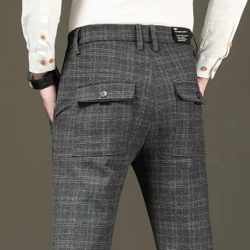 Fashion Black Grey Casual Trouses Mens Straight Fit Long Pants Striped Plaid Four Seasons High Quality Brand Business Trousers