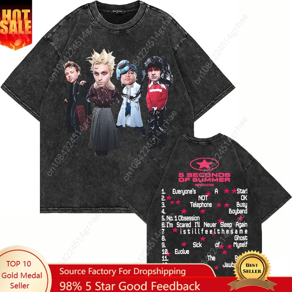 

100% Cotton Vintage Washed 5 Seconds of Summer Everyone’s A Star World Tour 2026 T Shirt Men/Women Oversize Loose Acid Wash Tees