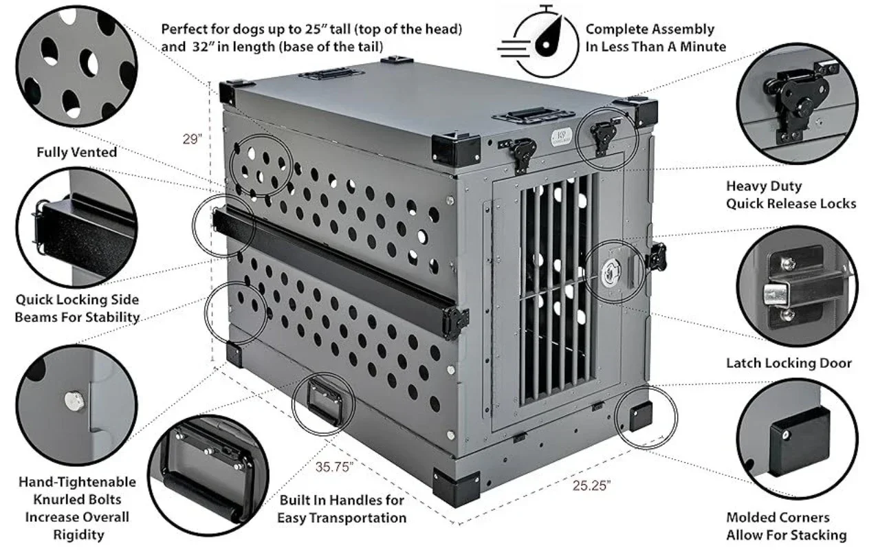 Stainless Large Luxury Aviation Aluminum Dog Transport Crate Foldable with Thickened Ventilation Firm Cage with Wheels