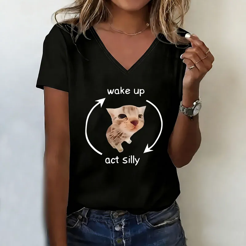 Wake Up Act Silly Meme Graphic T-shirt V Neck Casual Fashion Y2k T Shirts Women Short Sleeve Tee Shirt V-Neck Summer Spring