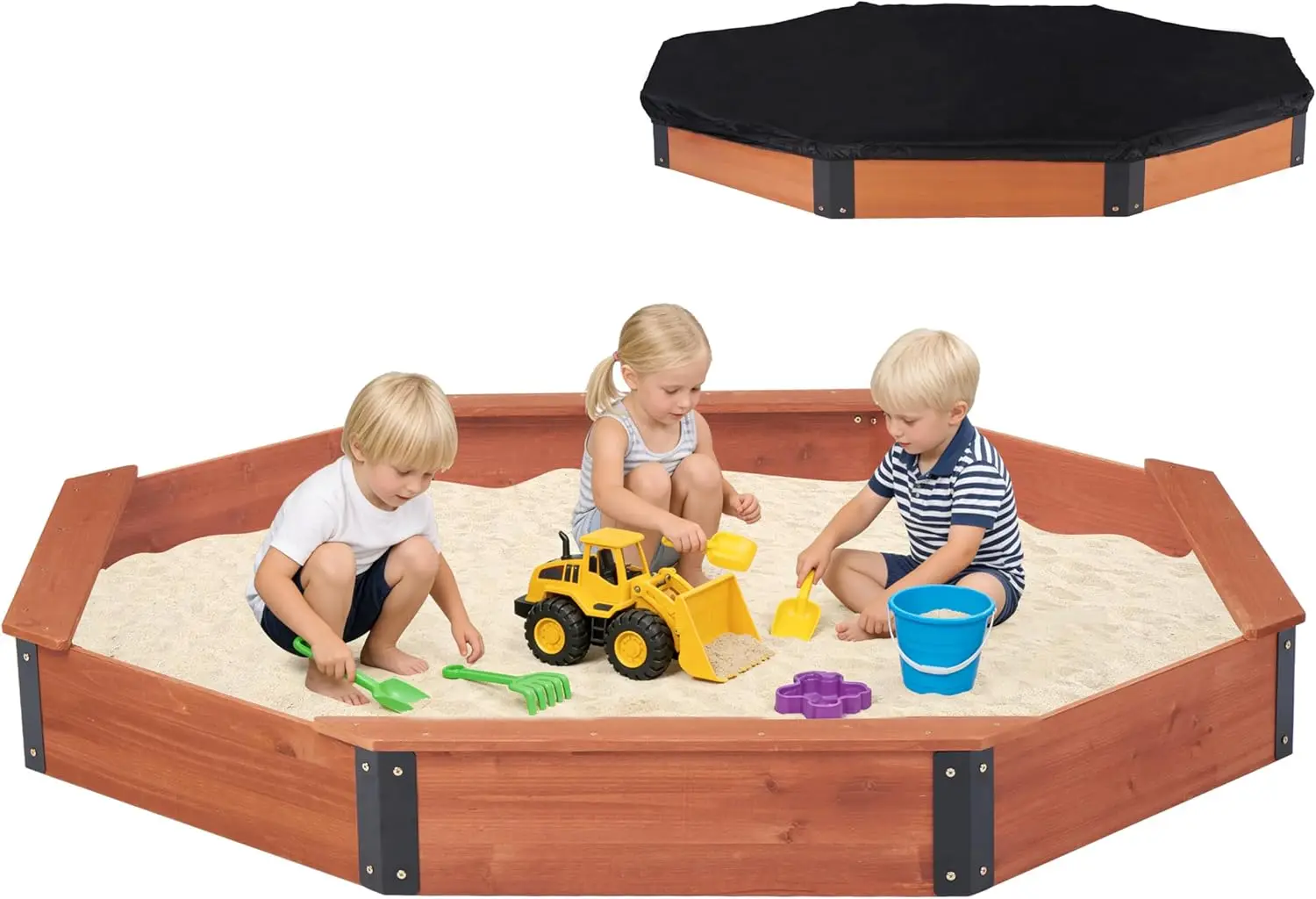 

85 x78 x9 Octagon Sandbox with Cover for Kids Outdoor Play Wood Large Sandpit with 4 Benches Quick Easy Install US Patented