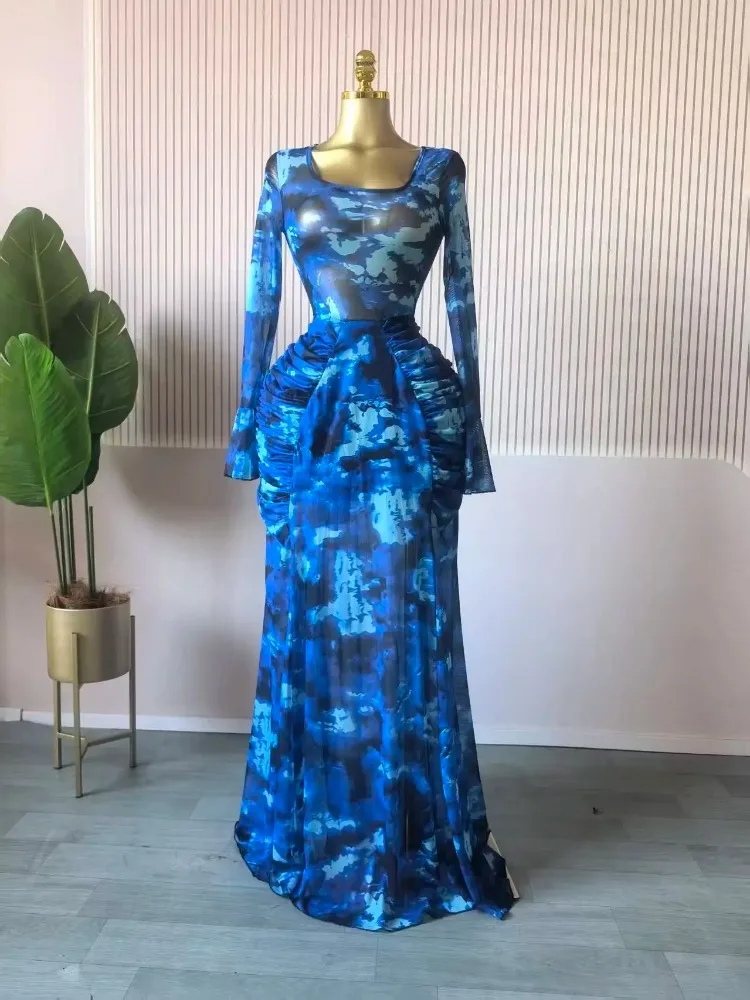 أنيقة المرأة الأزهار التعادل صبغ طباعة مكدسة Ruched كم طويل ألف خط ماكسي فستان طويل 2026 حفلة عيد ميلاد التعليم فساتين عصرية