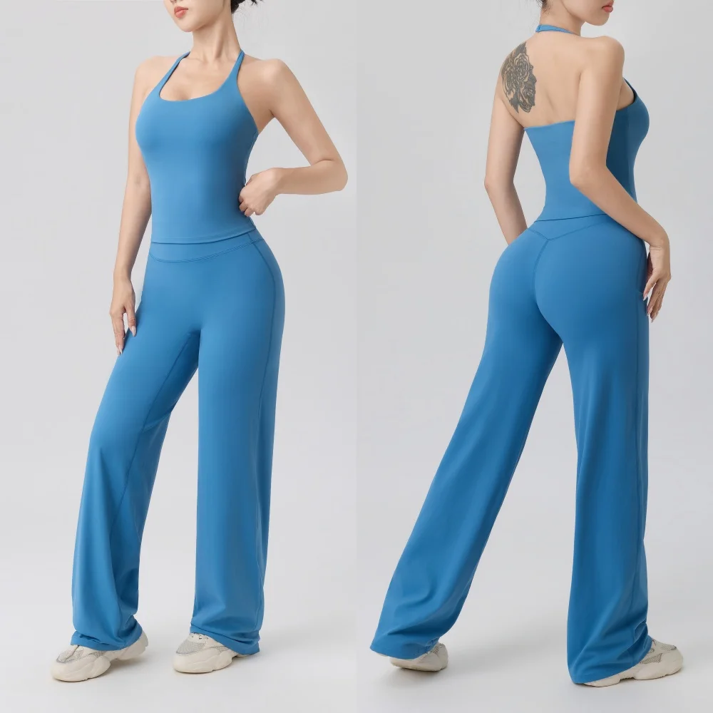 Breathable Backless Halter Neck Vest Pant Yoga Set Woman Yoga Underwear with Chest Pad Gym Fitness Sports Solid Color Yoga Set