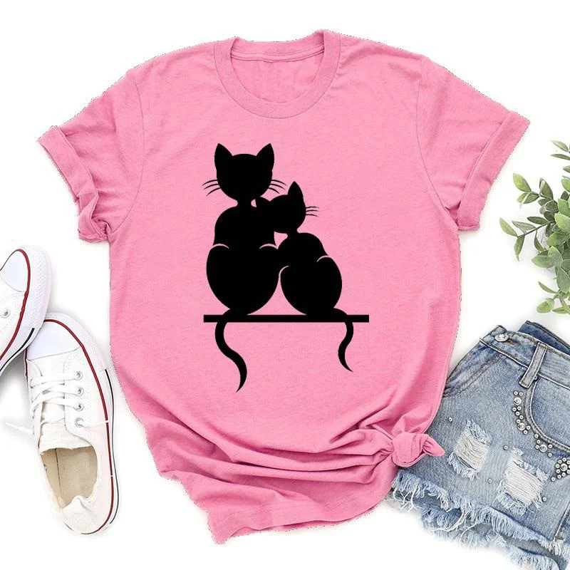 여성용 귀여운 고양이 프린트 티셔츠, 사랑스러운 반팔 캐주얼 티셔츠, 재미있는 숙녀 라운드넥 상의, 여름