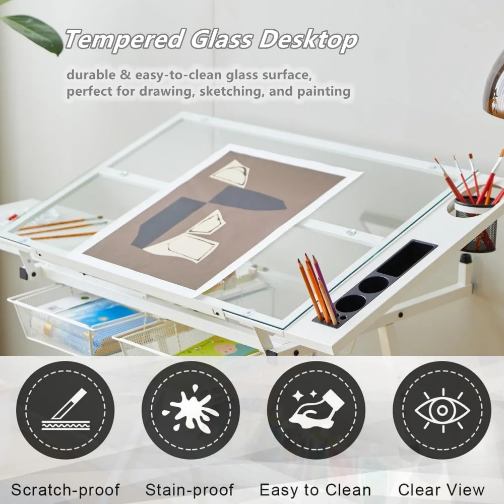 Adjustable Height Art Desk with Tilting Glass Tabletop and Multi-Storage for Sketching and Drawing
