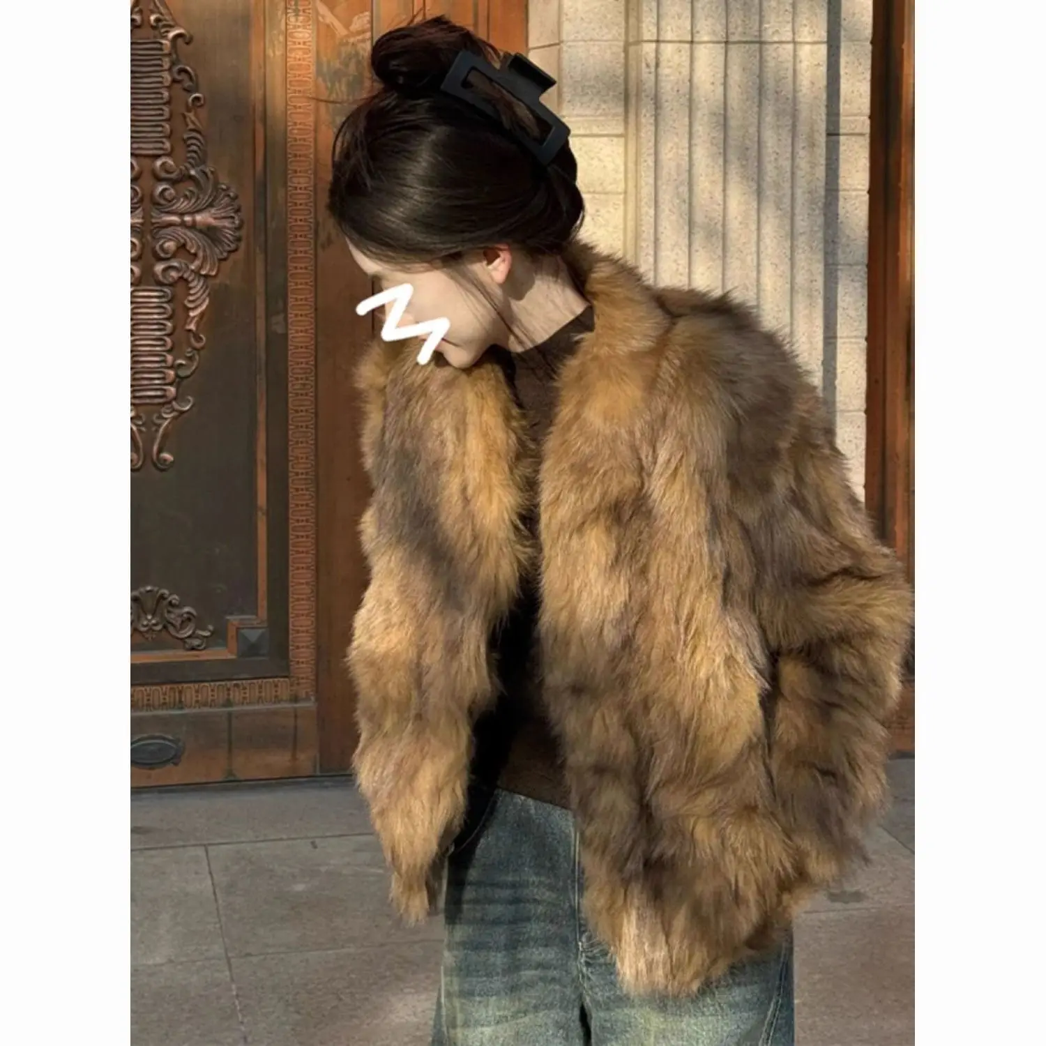 High-End Eco-Friendly Fox Faux Fur Coat Cardigan Winter New Thickened Brown Short Style Harajuku Gothic Korean Lolita Jacket