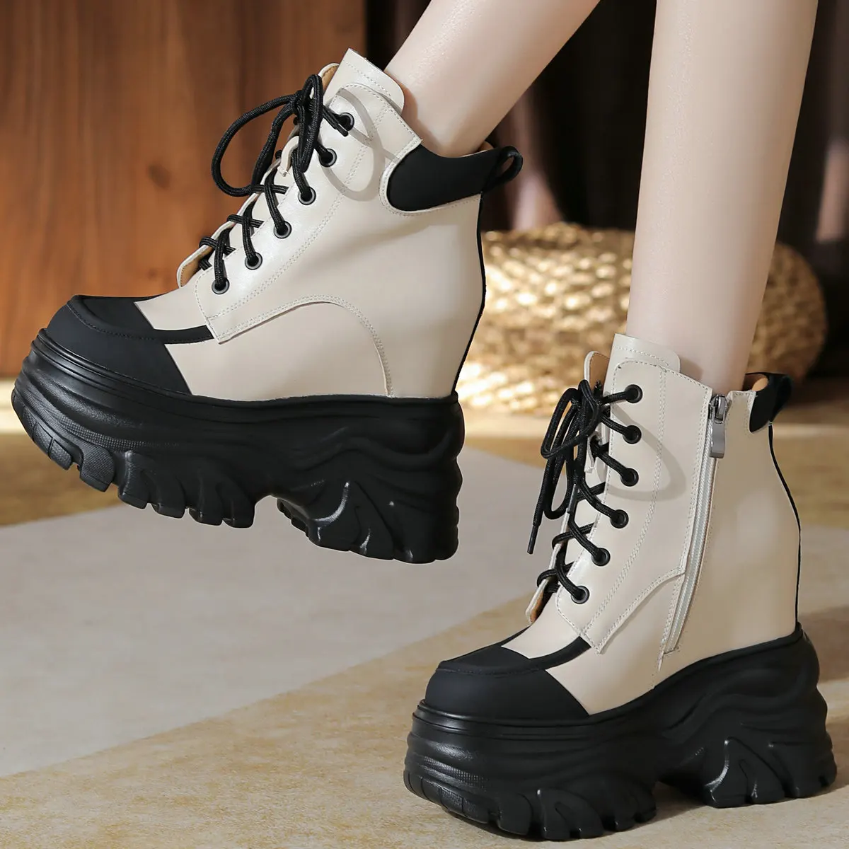 

Thick Platforms Pumps Shoes Women Genuine Leather Wedges High Heel Ankle Boots Female Round Toe Fashion Sneakers Casual Shoes