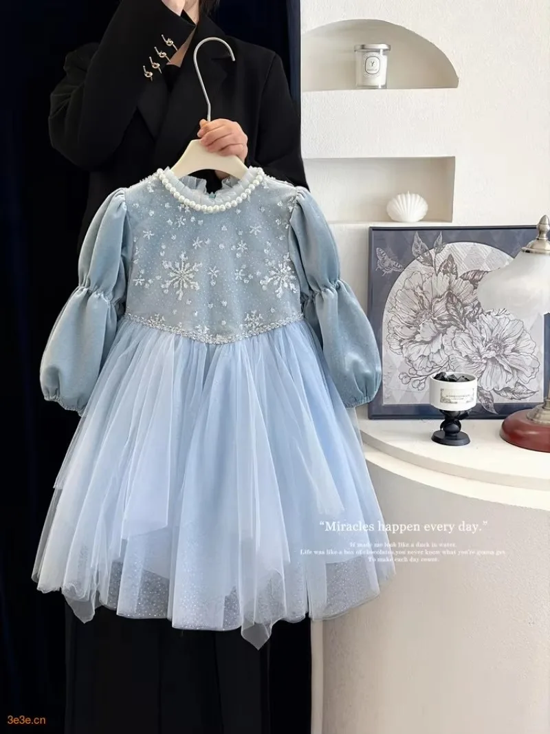 Girls Autumn Winter Mesh Bow Princess Dress Kids Student Sequin Dress Baby Warm Puff Dress Children Casual Holiday Party Outfit