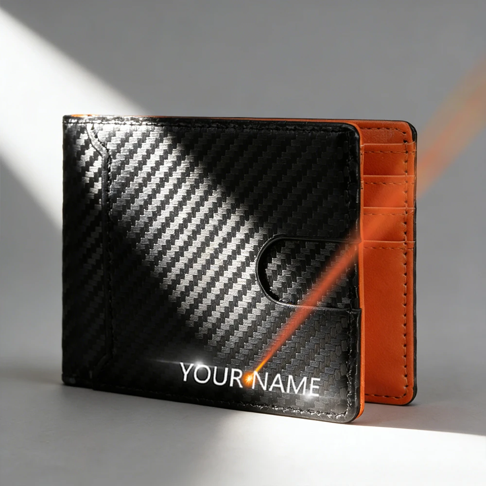 High Quality Carbon Fiber Short Men's Wallets Slim Portable Purses with Name Engraving Photo Clips for Male